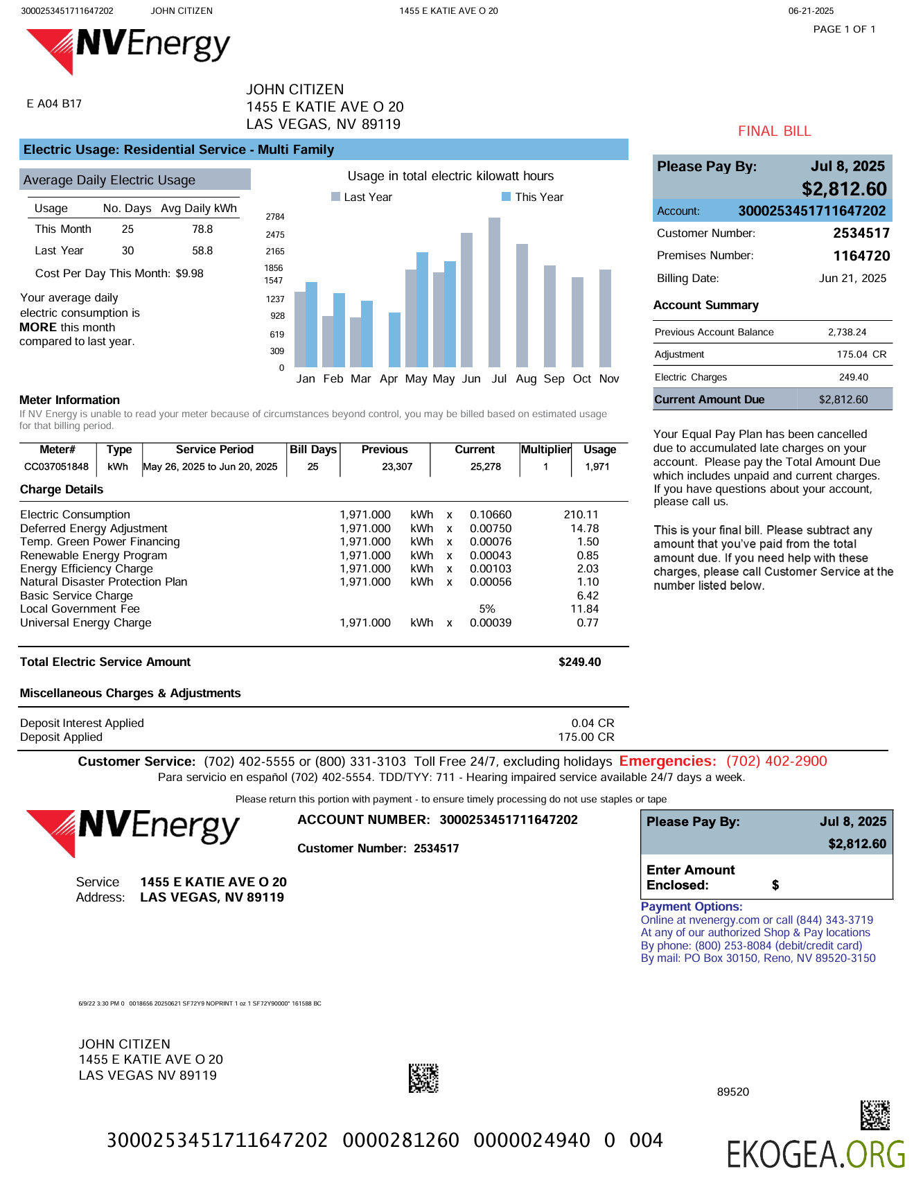 USA NV Energy utility bill template in Word and PDF formats, version 2